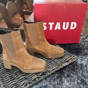 STAUD Suede Tan Chelsea Platform Booties